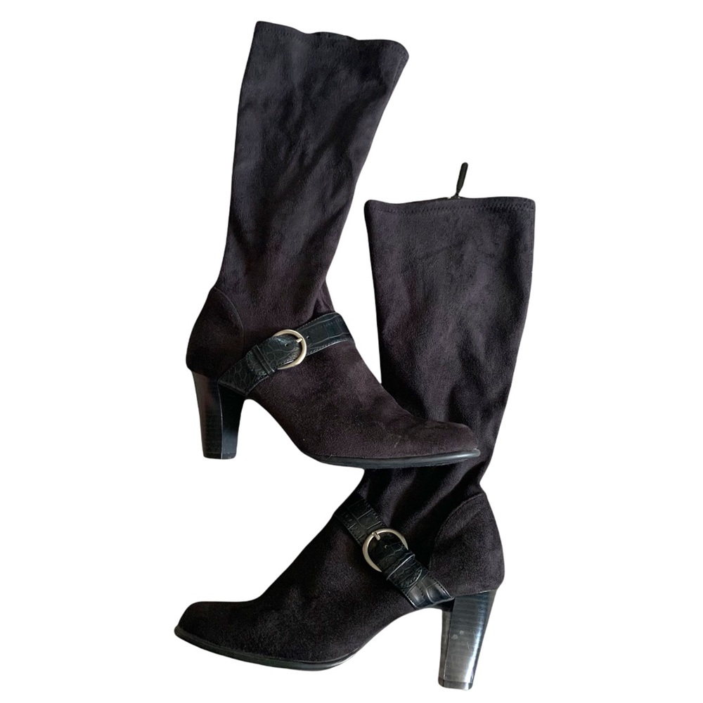 Predictions Black Round Toe Stack Heel Knee High Boots Faux Suede Full Zip Sz 9